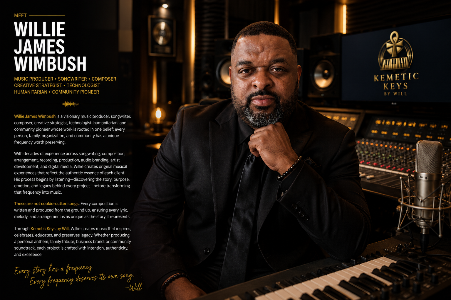 Meet Willie James Wimbush: music producer, songwriter, composer, creative strategist, technologist, humanitarian, and community pioneer. Every story has a frequency. Every frequency deserves its own song.